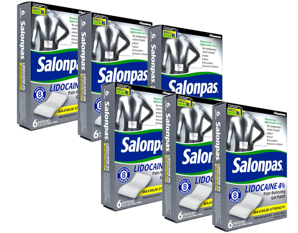Salonpas LIDOCAINE Special Patch applied to the shoulder for targeted relief.