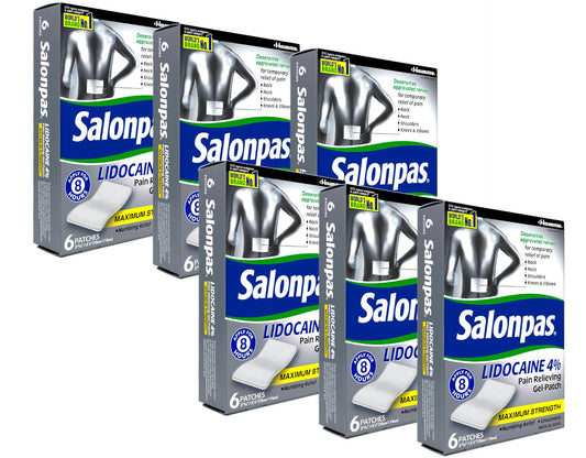 Salonpas LIDOCAINE Special Patch applied to the shoulder for targeted relief.