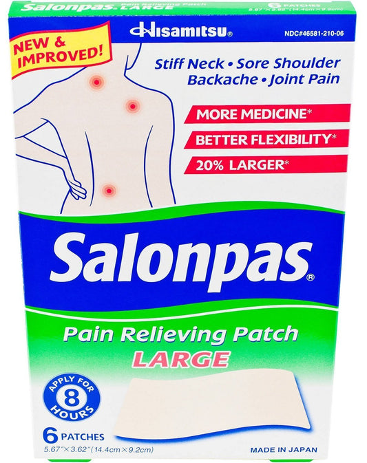 Salonpas Pain Relief Patch Large, targets back and shoulder pain for extended relief.