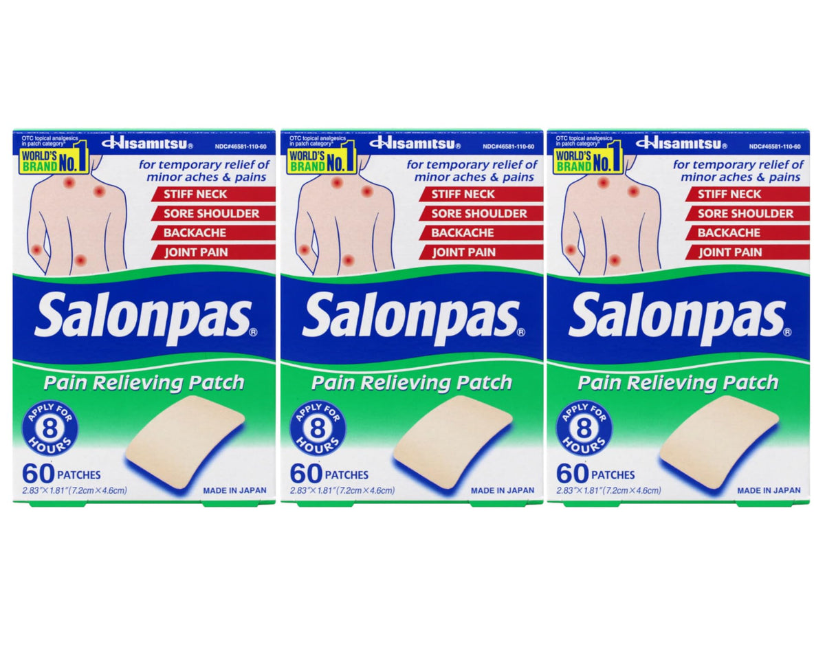Salonpas patch in 2.83 x 1.81 inch size for targeted muscle support.
