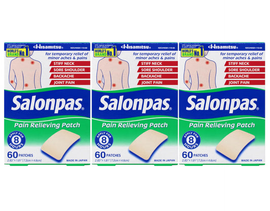 Salonpas patch in 2.83 x 1.81 inch size for targeted muscle support.