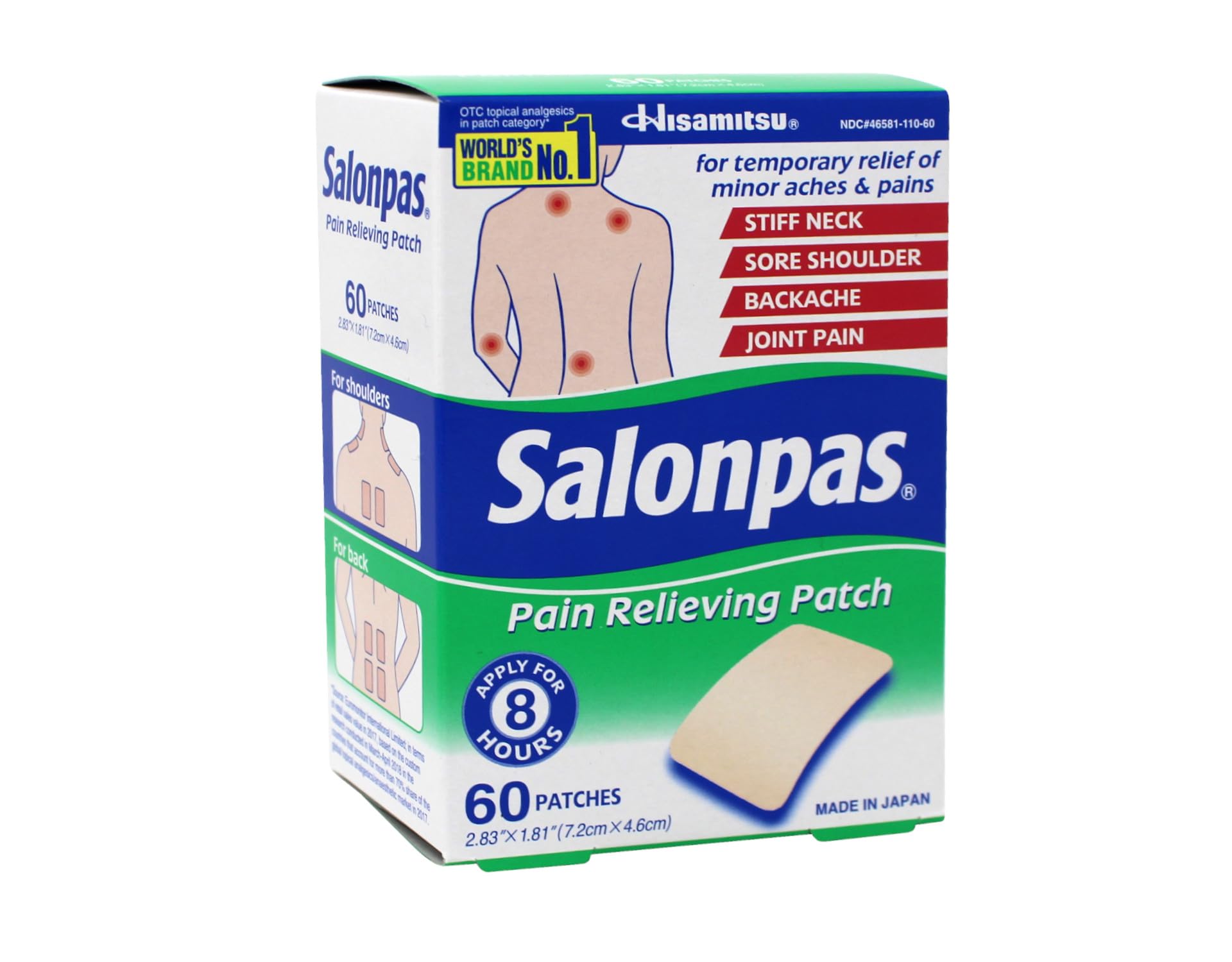 Salonpas patch on arm demonstrates easy removal and mess-free use.
