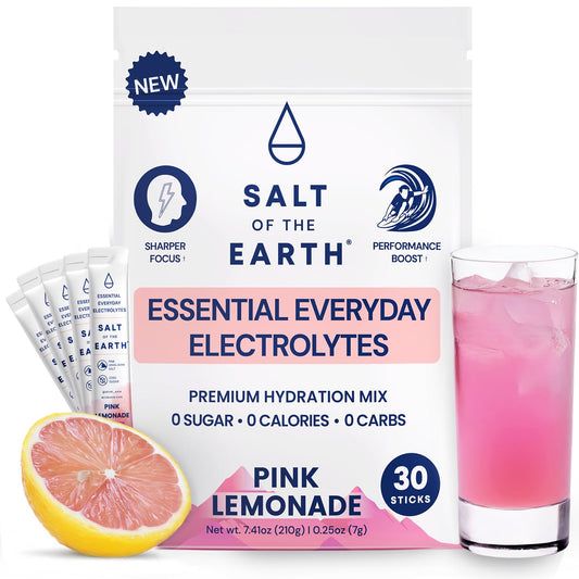 Salt of the Earth pink lemonade stick pack boosts hydration with zero sugar.