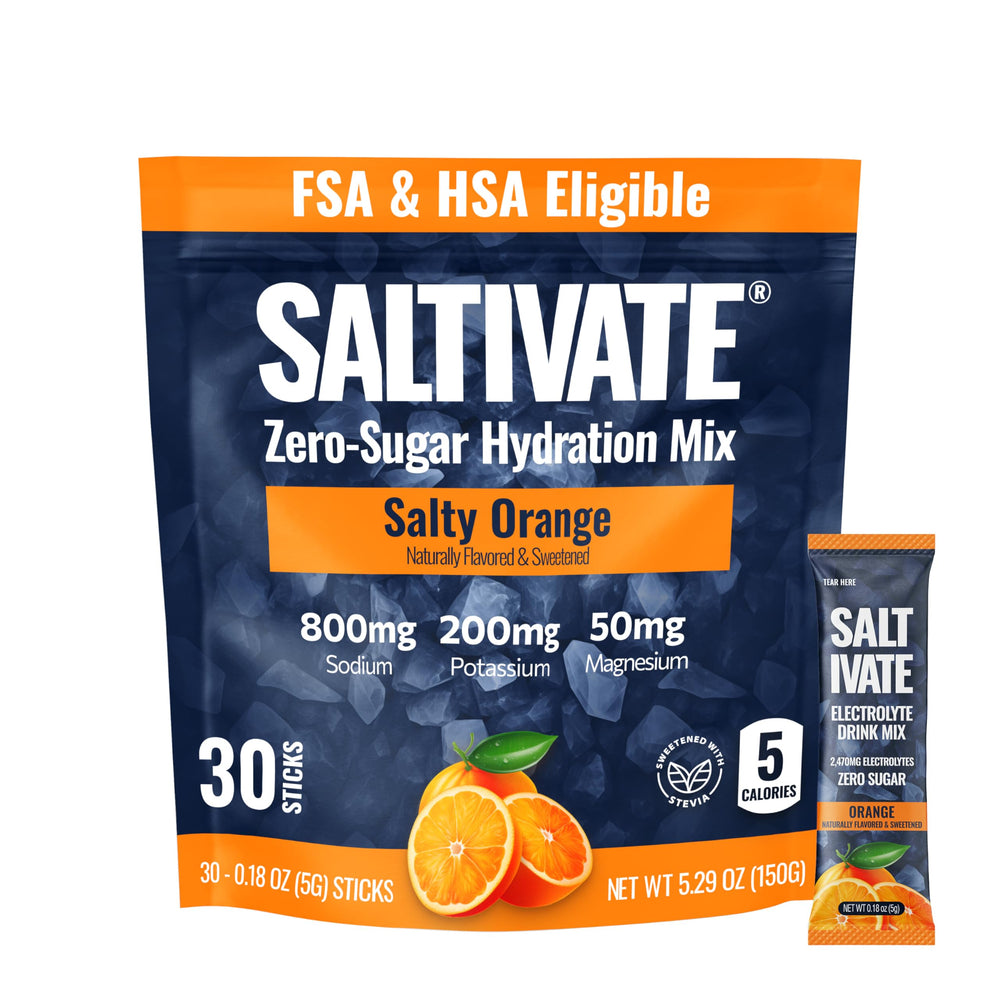 Saltivate salty orange electrolyte packets in a box for on-the-go hydration.