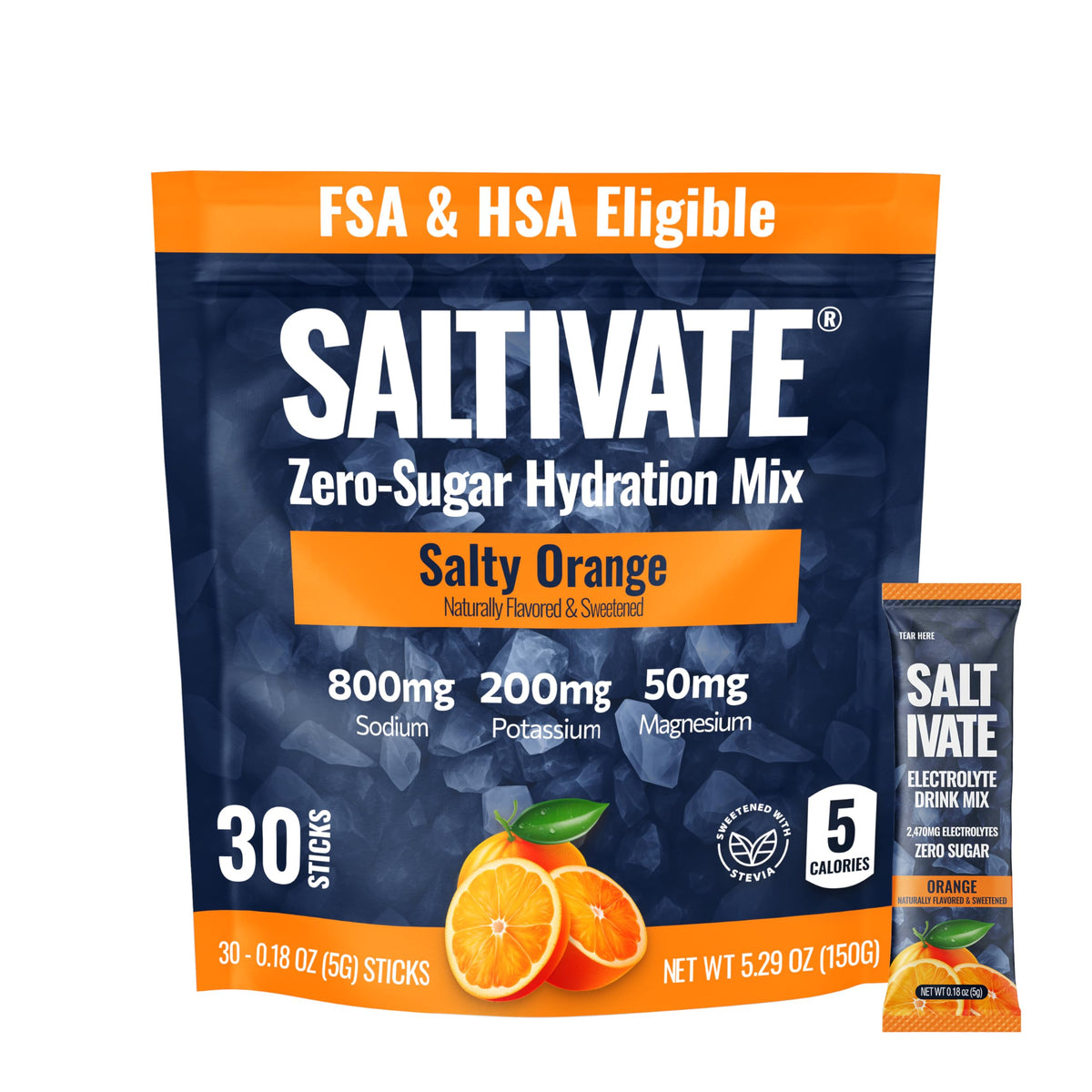 Saltivate salty orange electrolyte packets in a box for on-the-go hydration.
