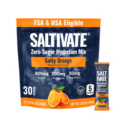 Saltivate salty orange electrolyte packets in a box for on-the-go hydration.