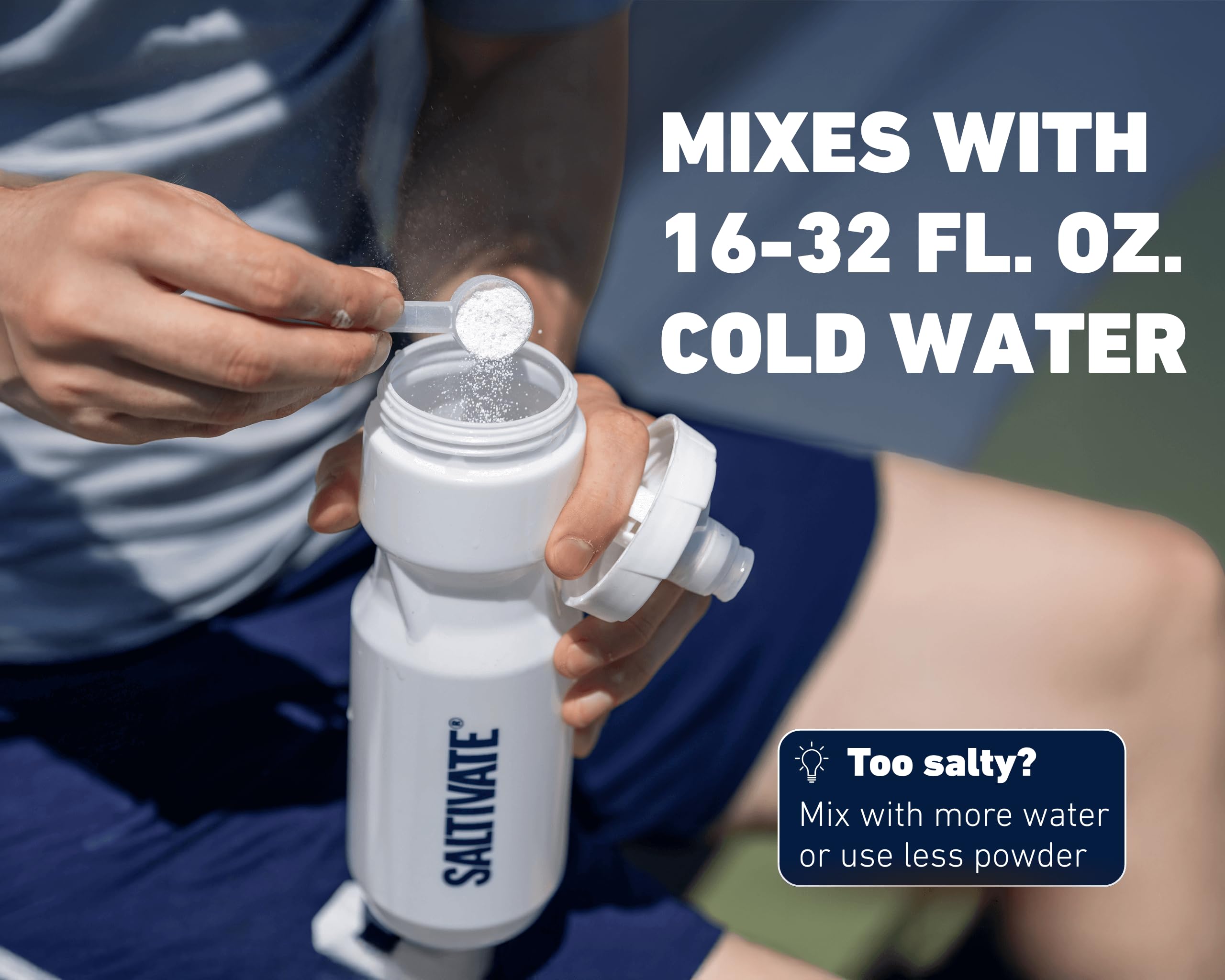 Saltivate bottle on sunlit table during hot day highlights sweat-friendly hydration