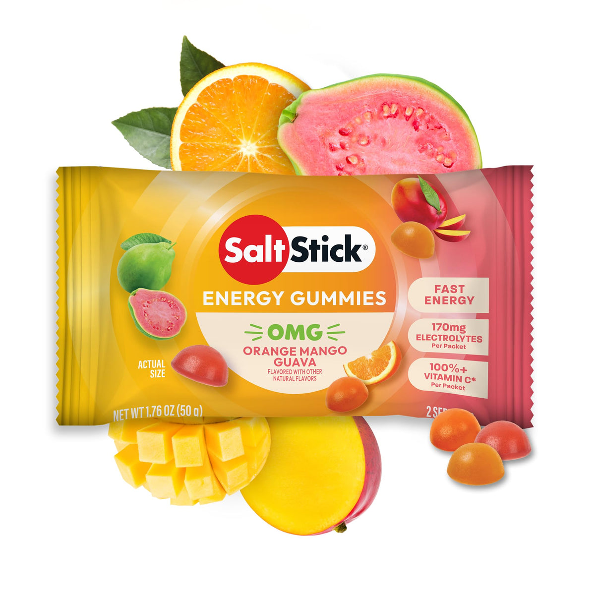 SaltStick Energy Gummies bottle shows orange-mango-guava flavor for fast workout fueling.
