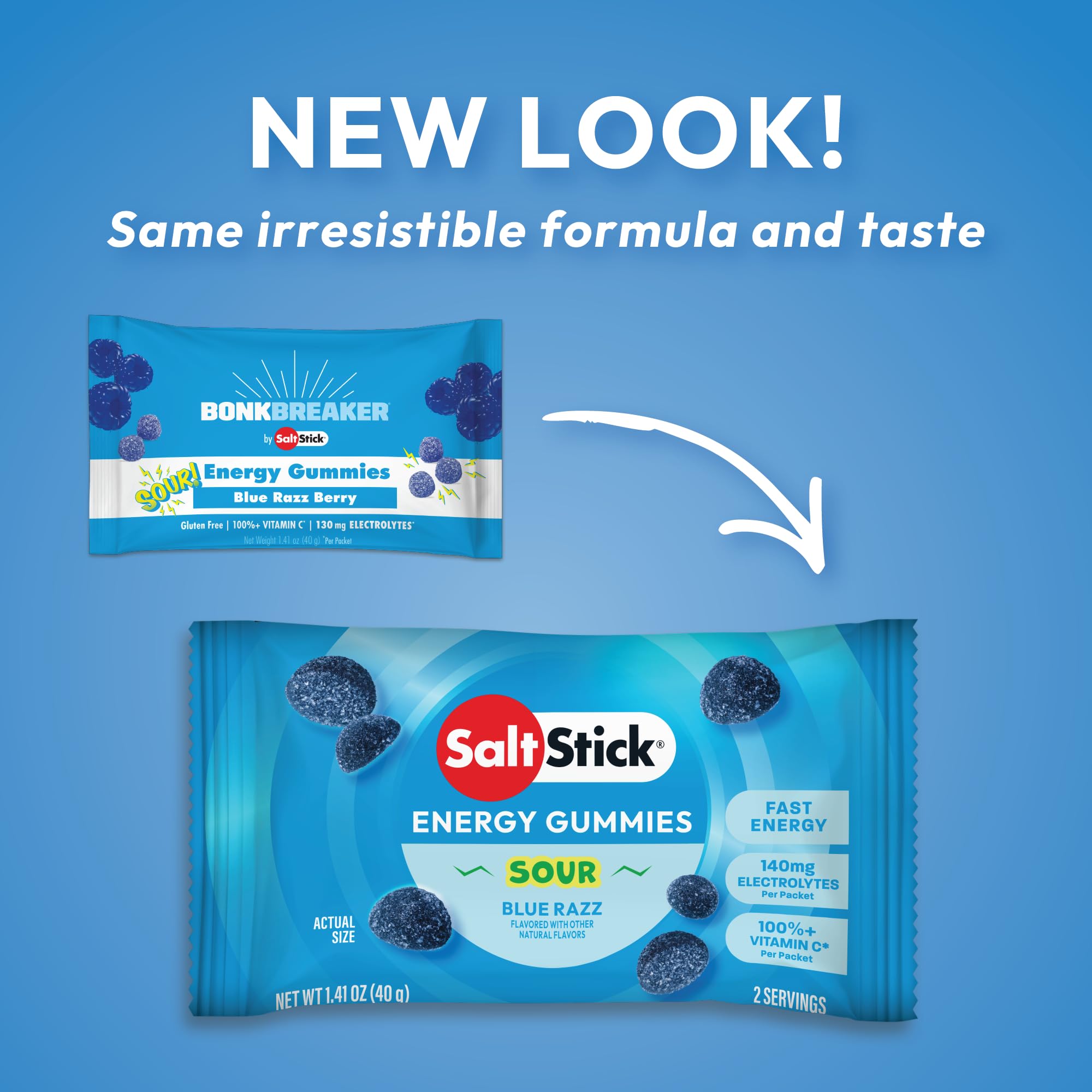 SaltStick Energy Gummies Sour Blue Razz bottle on display for on-the-go fueling