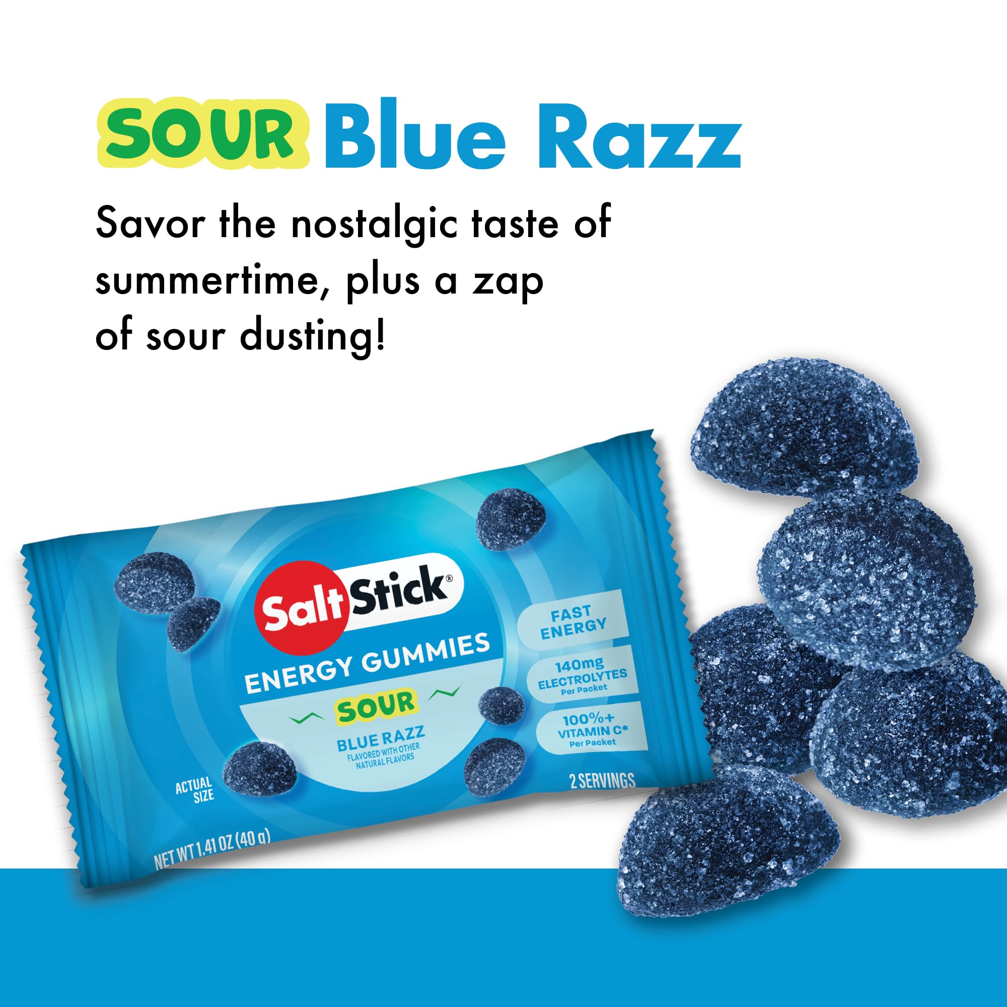 Open SaltStick Energy Gummies Sour Blue Razz packet revealing chewy texture