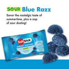 Open SaltStick Energy Gummies Sour Blue Razz packet revealing chewy texture