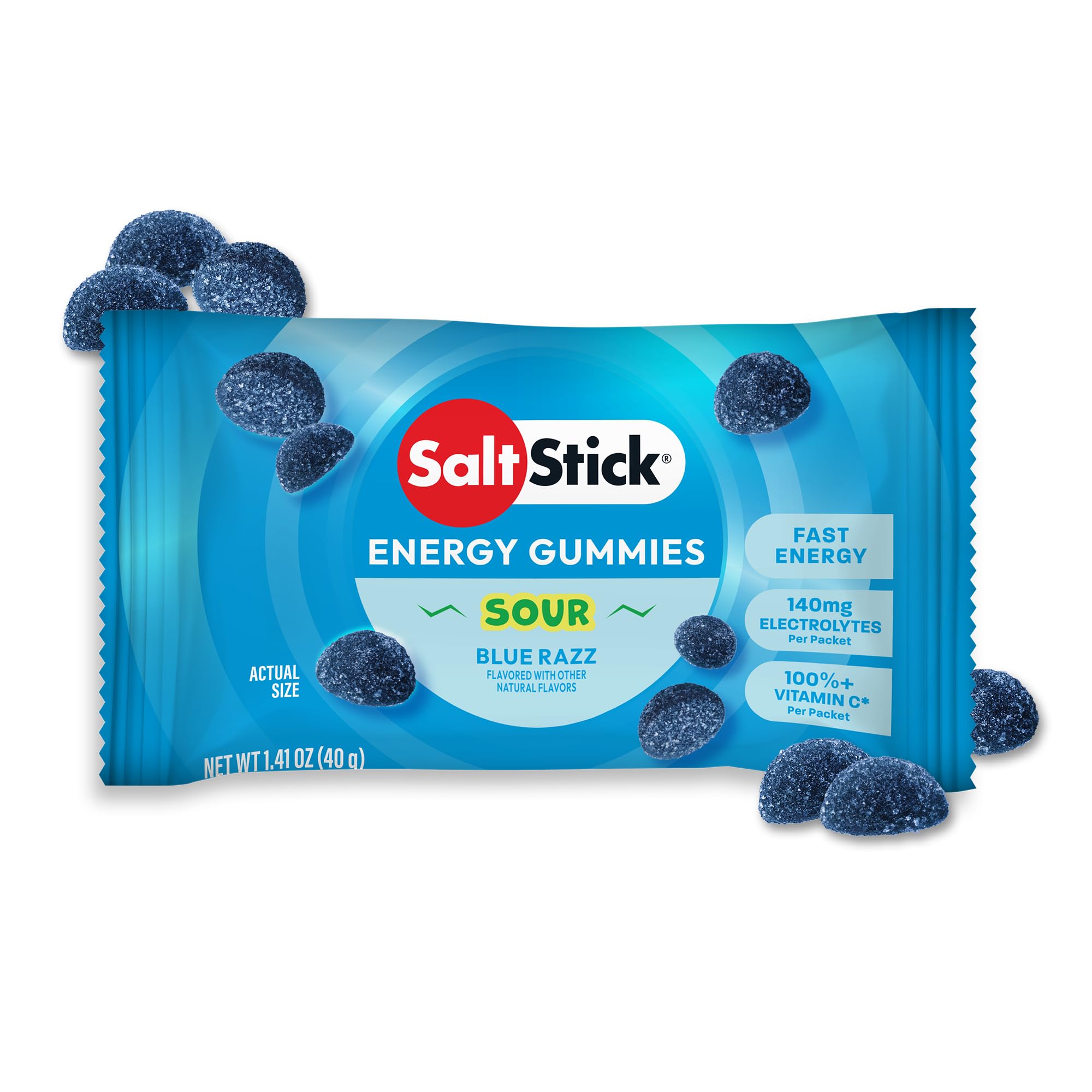 SaltStick Energy Gummies Sour Blue Razz packet close-up showing flavor and appearance