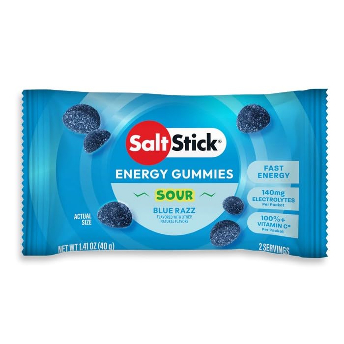 Close-up of SaltStick Energy Gummies Sour Blue Razz texture and bite