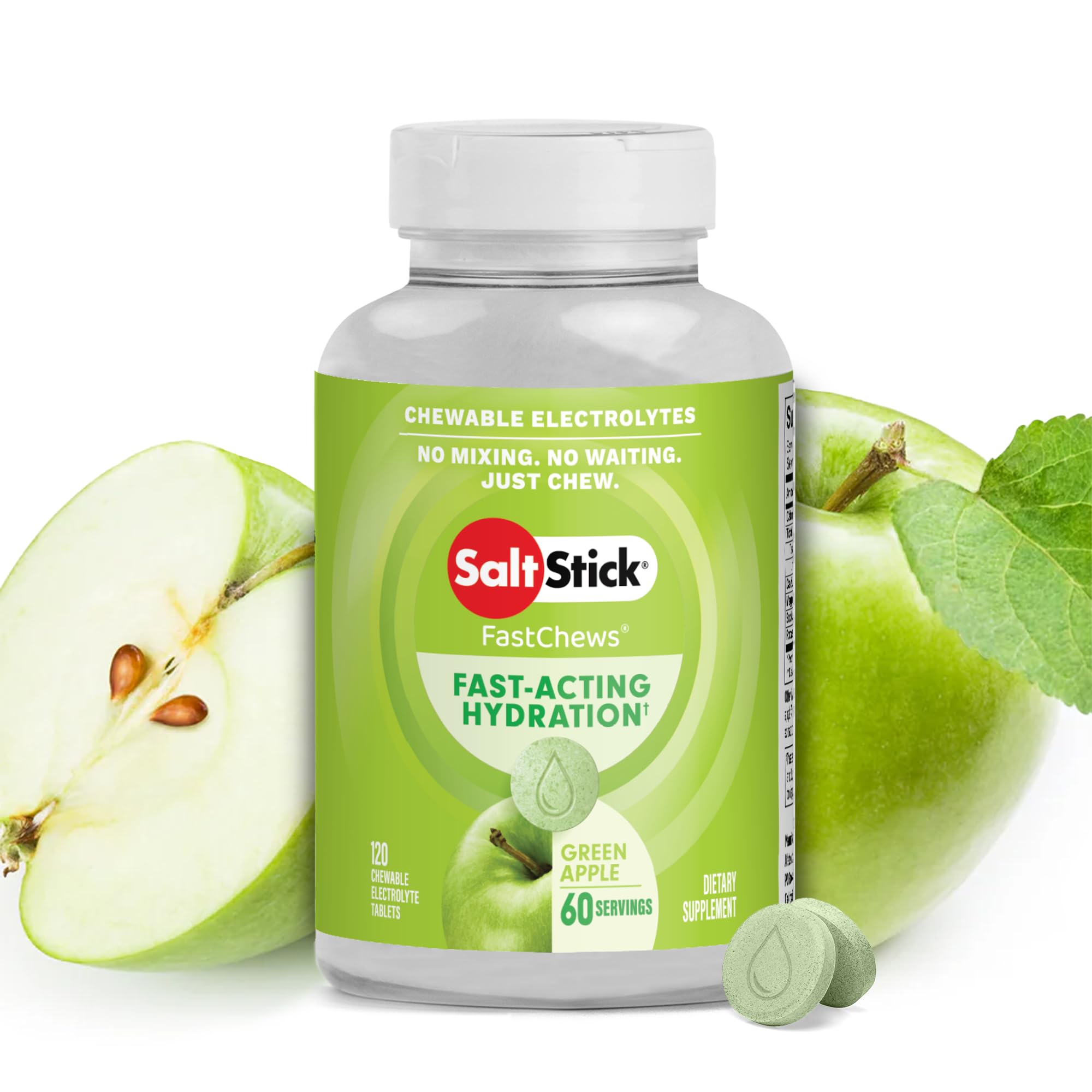 SaltStick Electrolyte FastChews green apple tablets close-up for quick hydration during runs.
