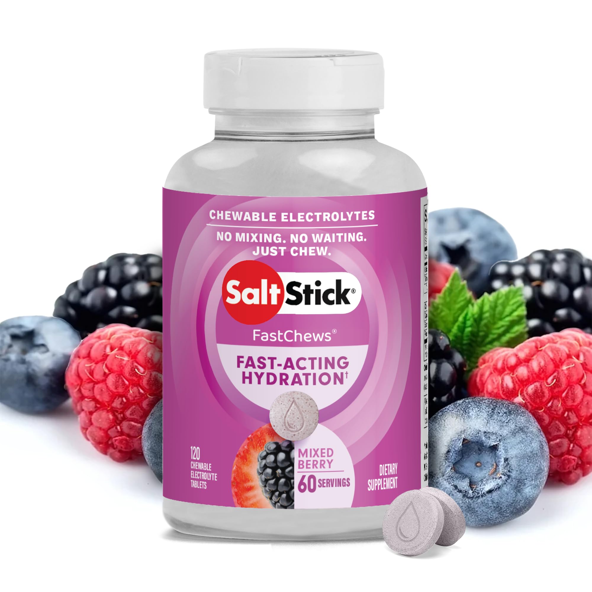 SaltStick FastChews bottle with mixed berry flavor for on-the-go hydration.