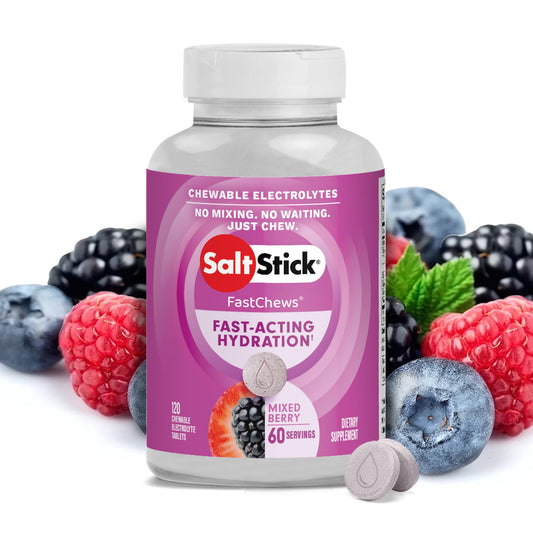 SaltStick FastChews bottle with mixed berry flavor for on-the-go hydration.