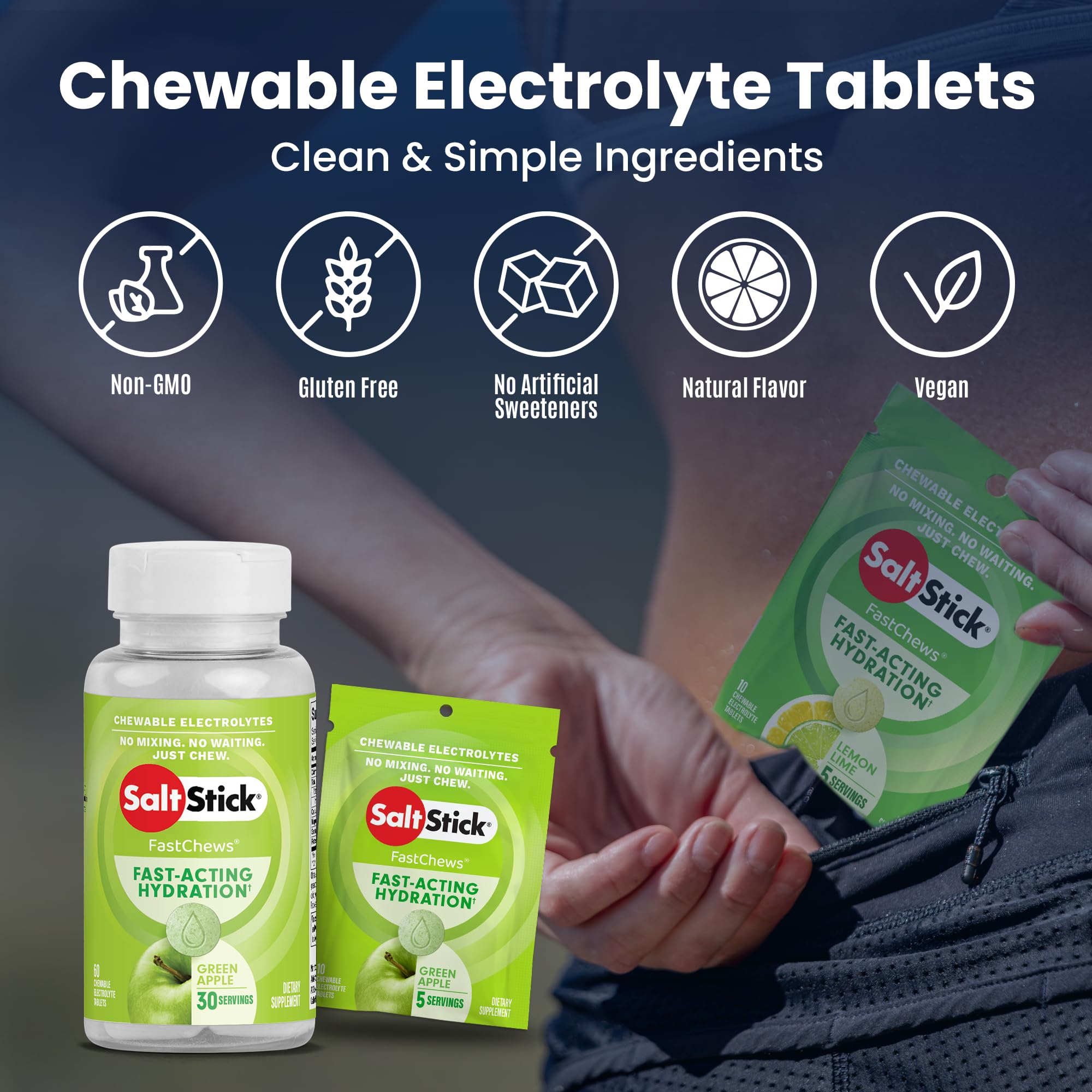 SaltStick FastChews on athlete's hand illustrating convenient chew during activity.