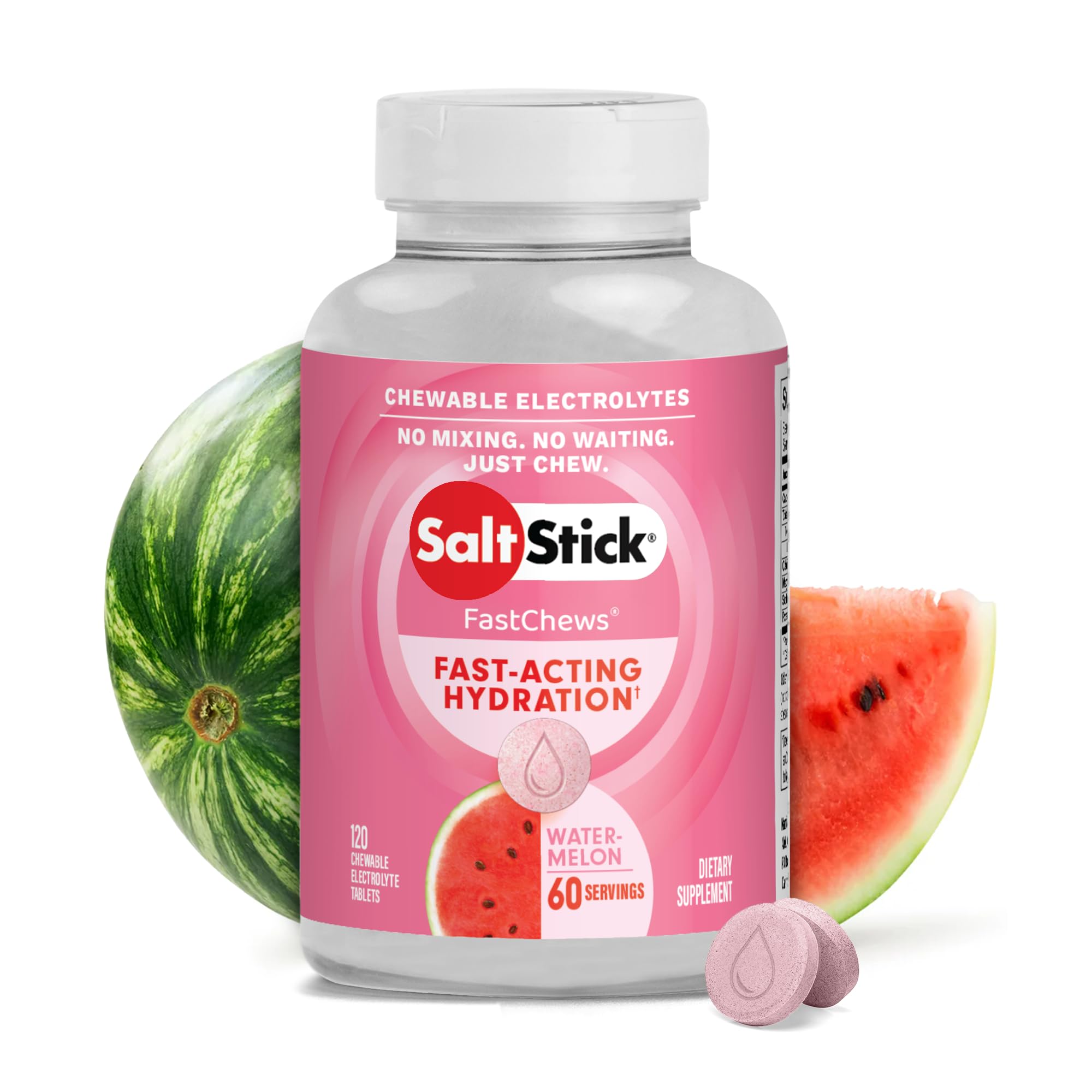 SaltStick FastChews Watermelon bottle close-up for quick hydration during workouts