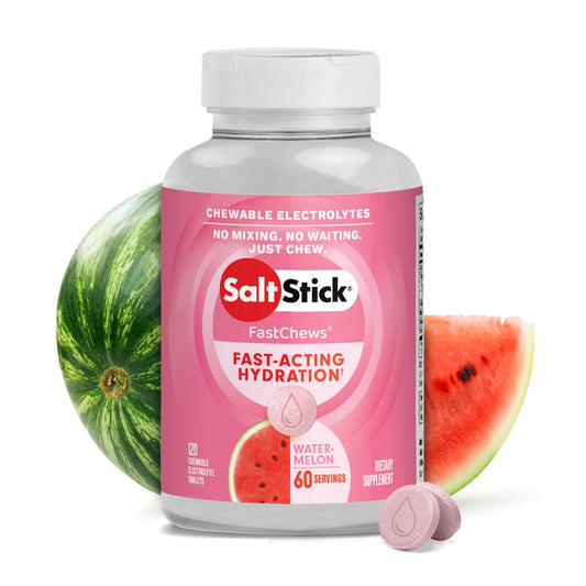 SaltStick FastChews Watermelon bottle close-up for quick hydration during workouts