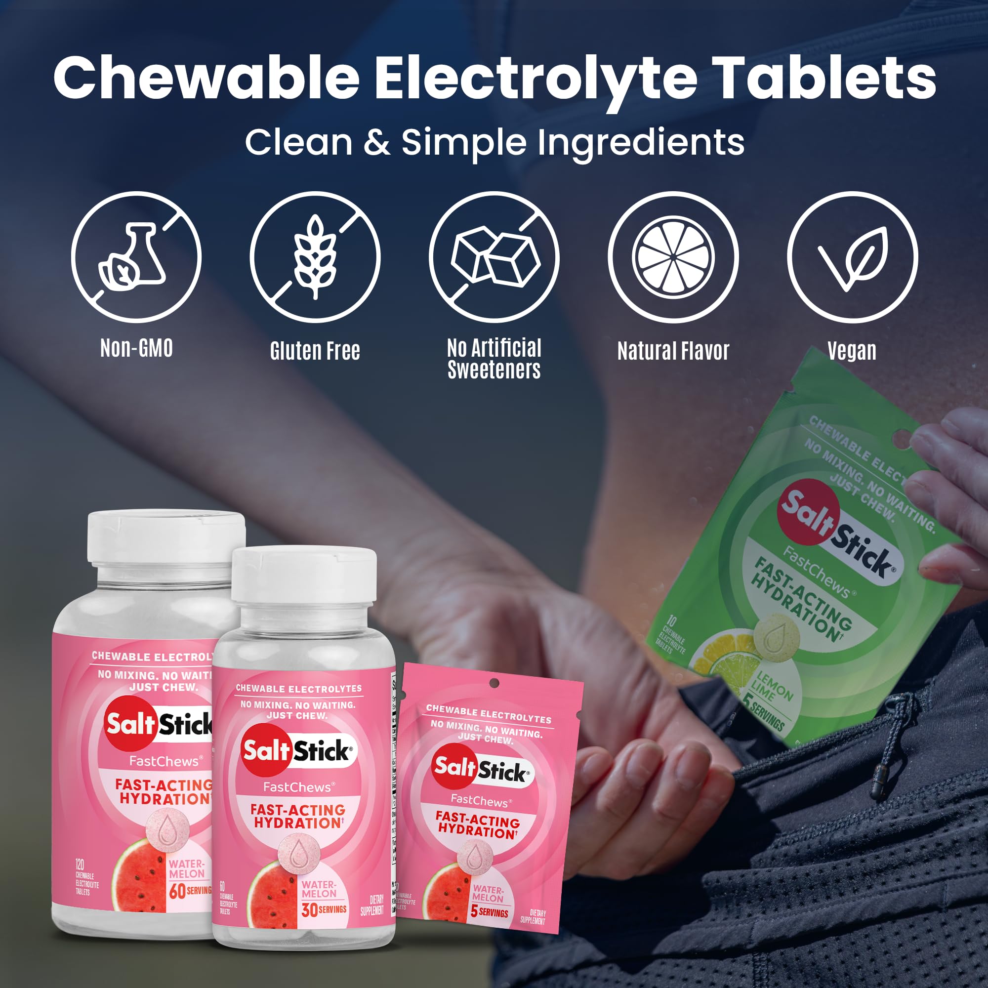 SaltStick FastChews Watermelon packaging highlights clean ingredients for athletes