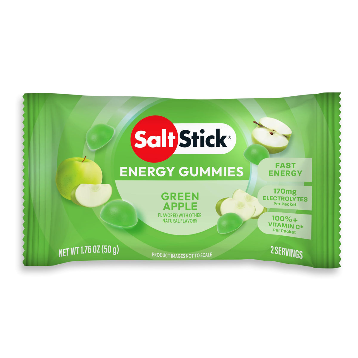 SaltStick gomitas energéticas sabor manzana verde en empaque, opción portátil para entrenos.