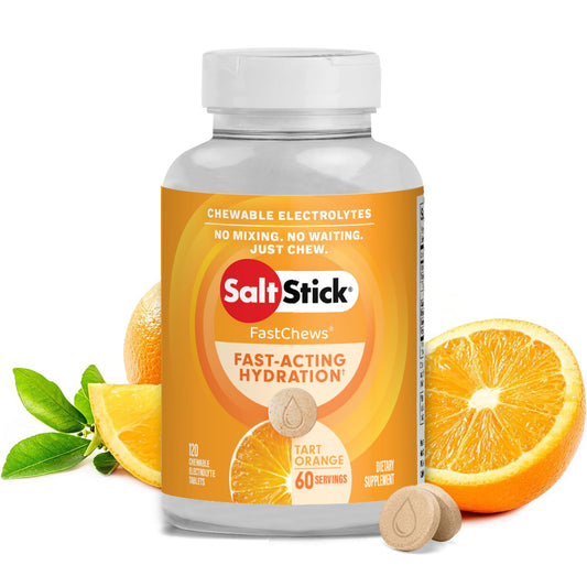 SaltStick Electrolyte FastChews orange tablets close-up for quick hydration.