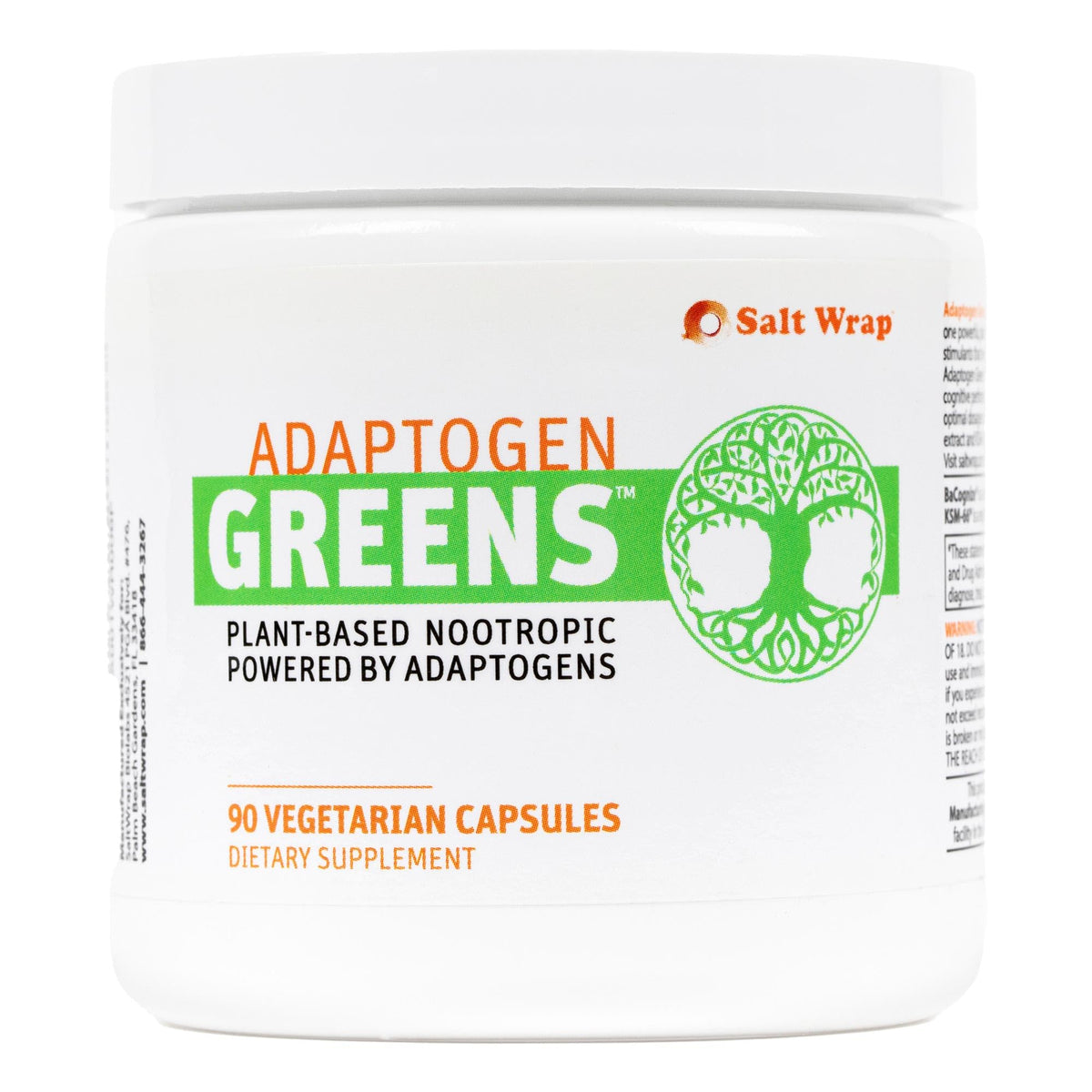 SaltWrap Adaptogen Greens bottle front promotes caffeine-free resilience for daily focus.