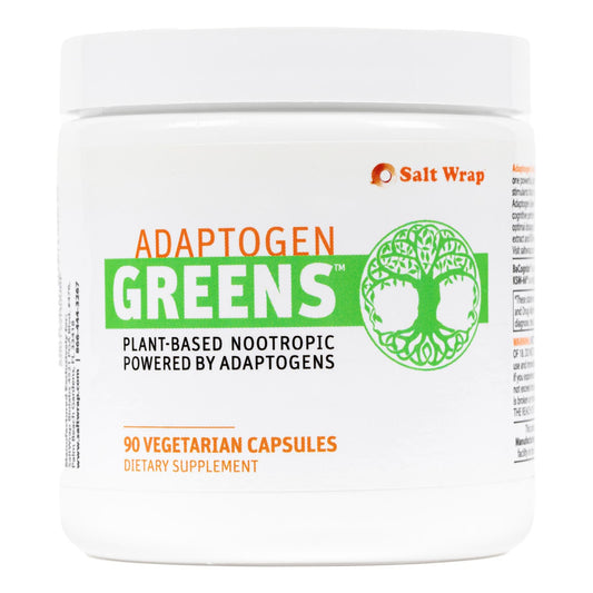 SaltWrap Adaptogen Greens bottle front promotes caffeine-free resilience for daily focus.