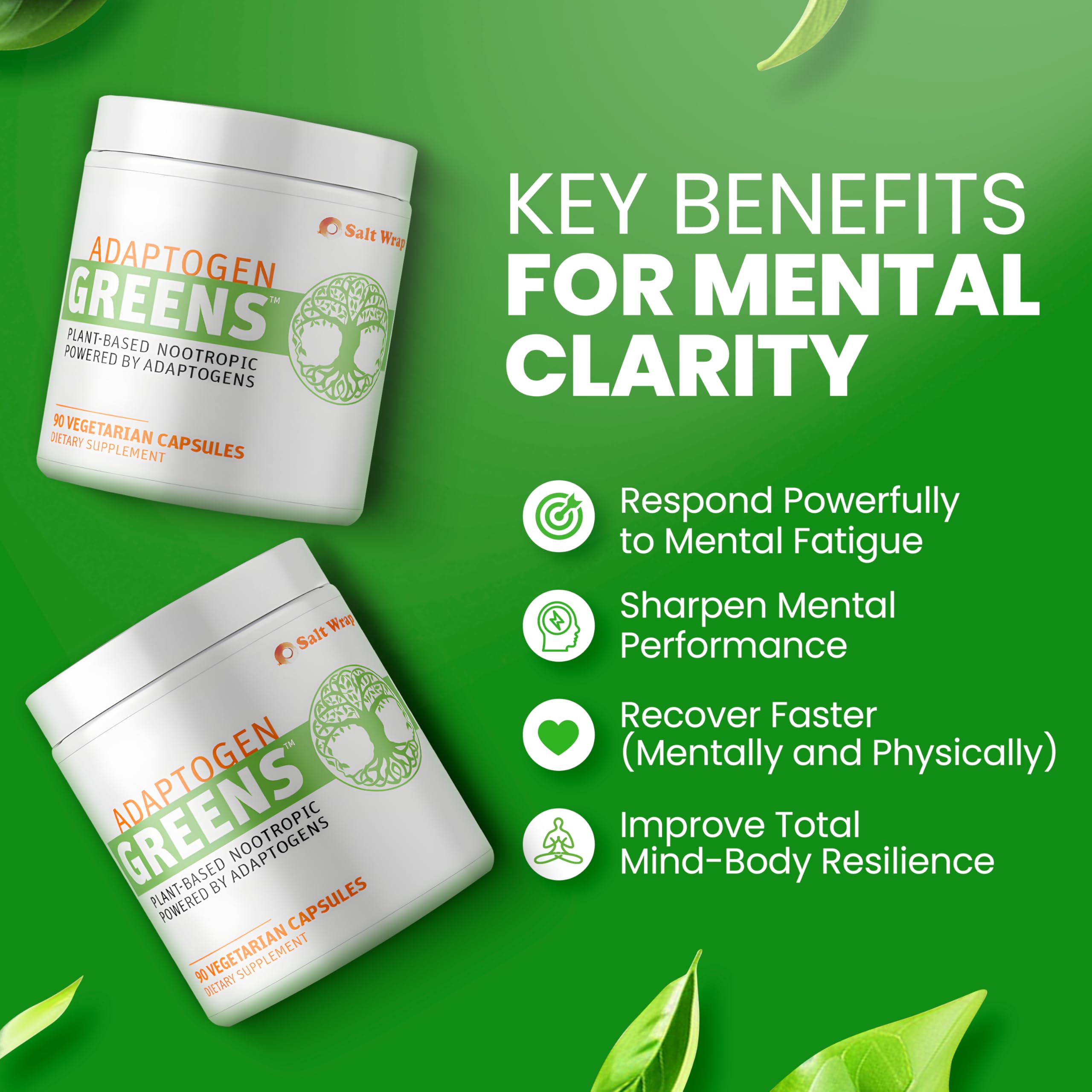 SaltWrap Adaptogen Greens label highlights Ashwagandha and Rhodiola ingredients.