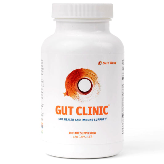 SaltWrap Gut Clinic bottle front shows daily gut support with postbiotics.