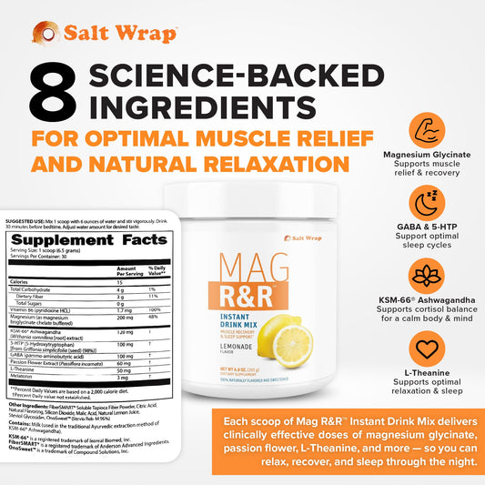 Glass with SaltWrap Mag R&R prepared drink promoting restful sleep