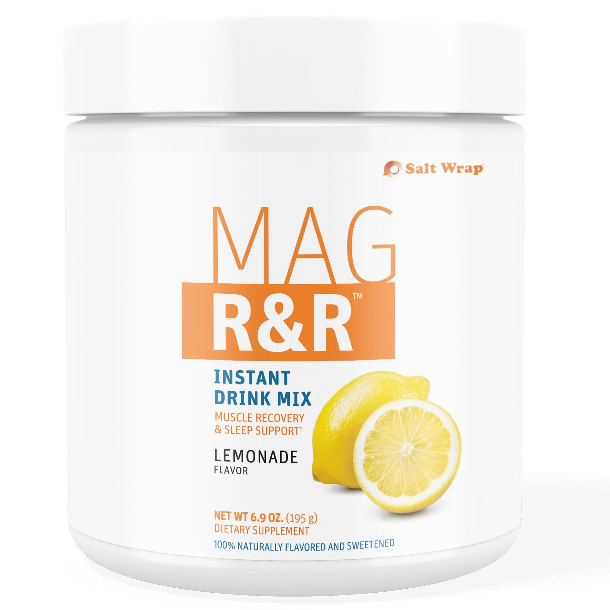 SaltWrap Mag R&R instant drink mix tub displayed for nighttime relaxation and cramps relief