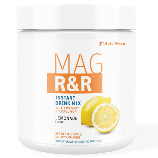 SaltWrap Mag R&R instant drink mix tub displayed for nighttime relaxation and cramps relief