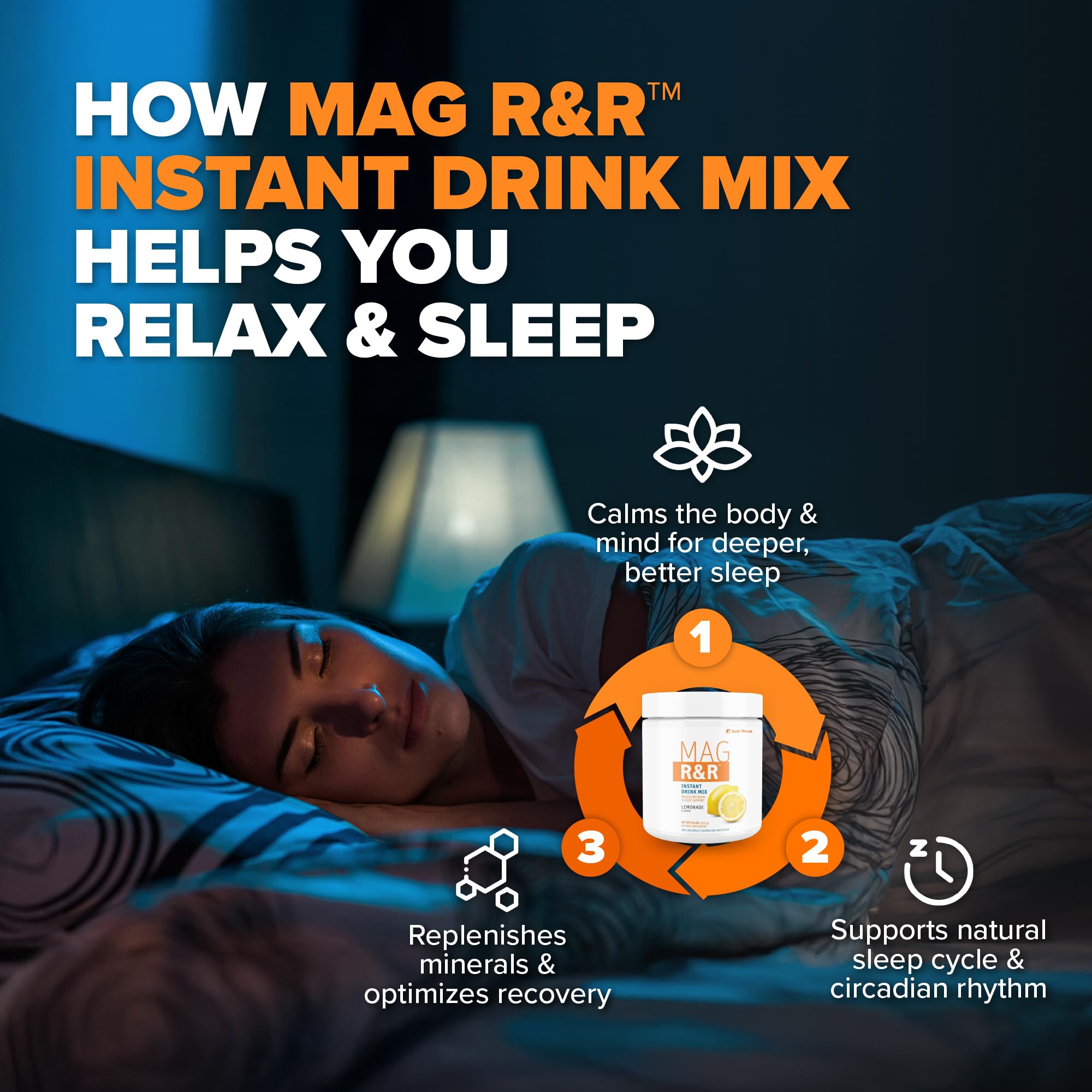 SaltWrap Mag R&R stevia-sweetened mix offers sugar-free flavor before sleep.