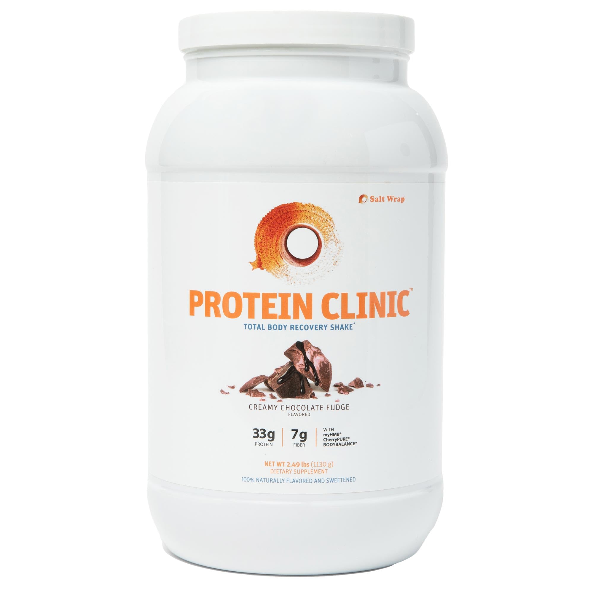 SaltWrap Protein Clinic creamy chocolate fudge bottle for post-workout recovery and muscle support.