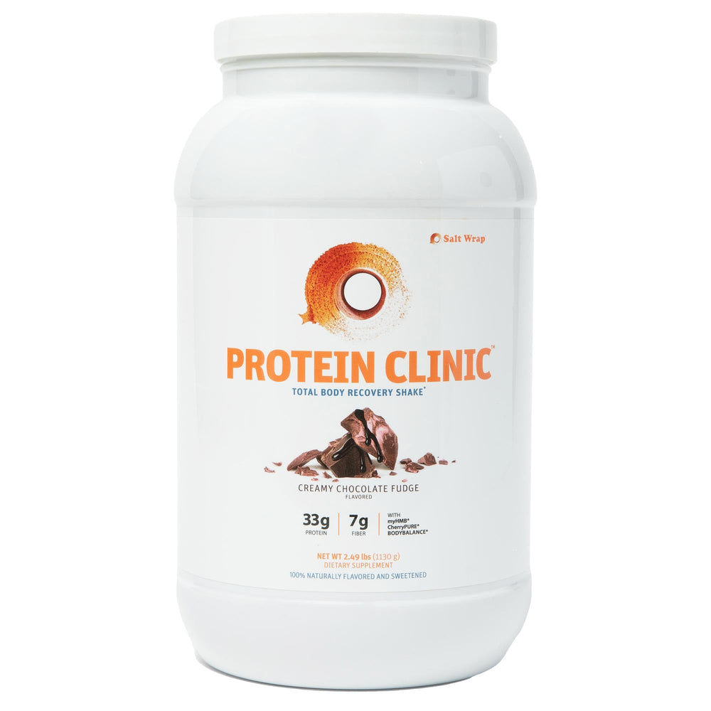 SaltWrap Protein Clinic creamy chocolate fudge bottle for post-workout recovery and muscle support.