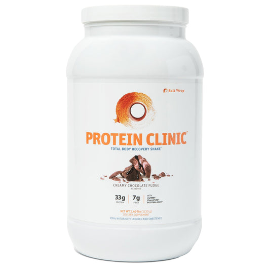 SaltWrap Protein Clinic creamy chocolate fudge bottle for post-workout recovery and muscle support.