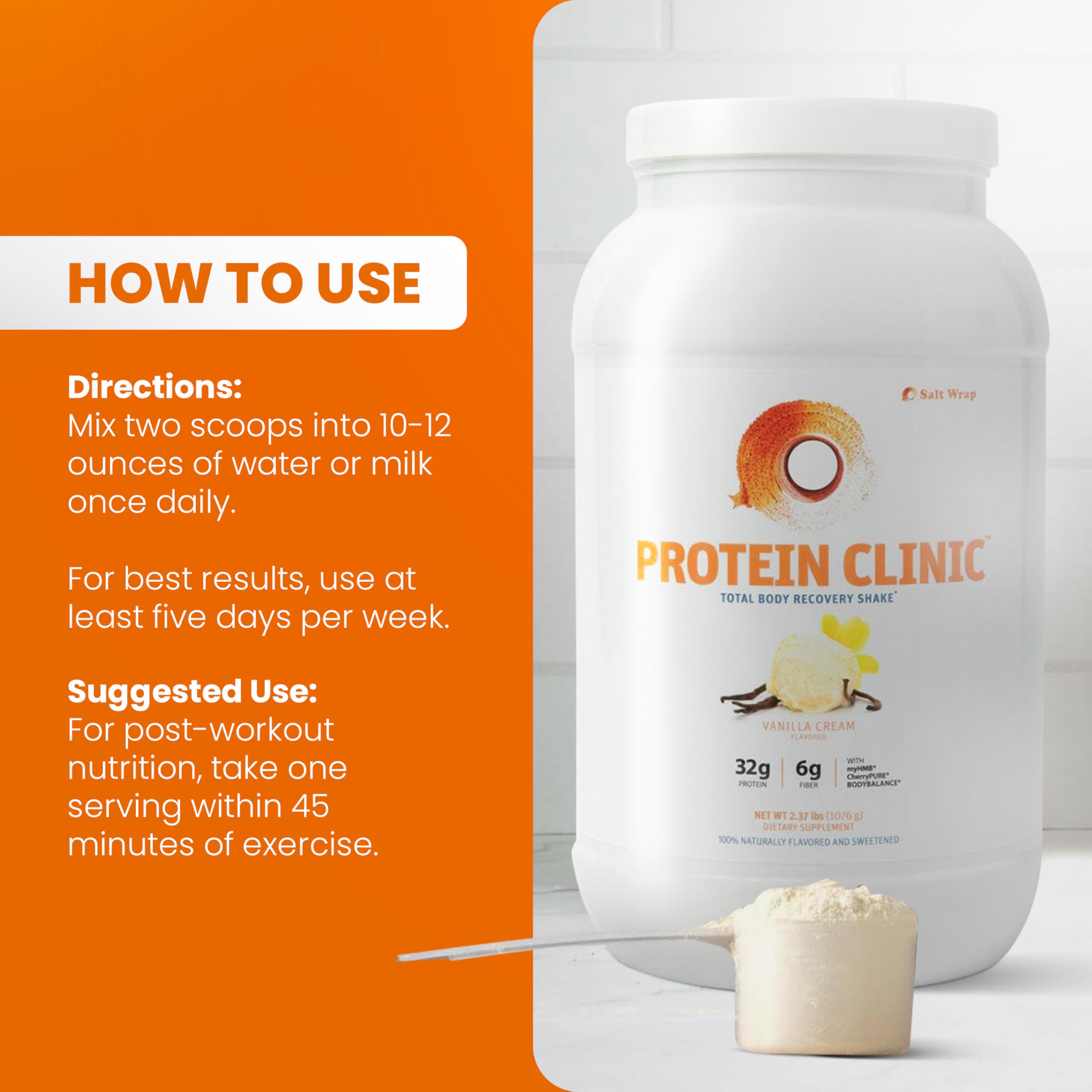 SaltWrap Protein Clinic prebiotic fiber scoop indicating digestive-friendly formula