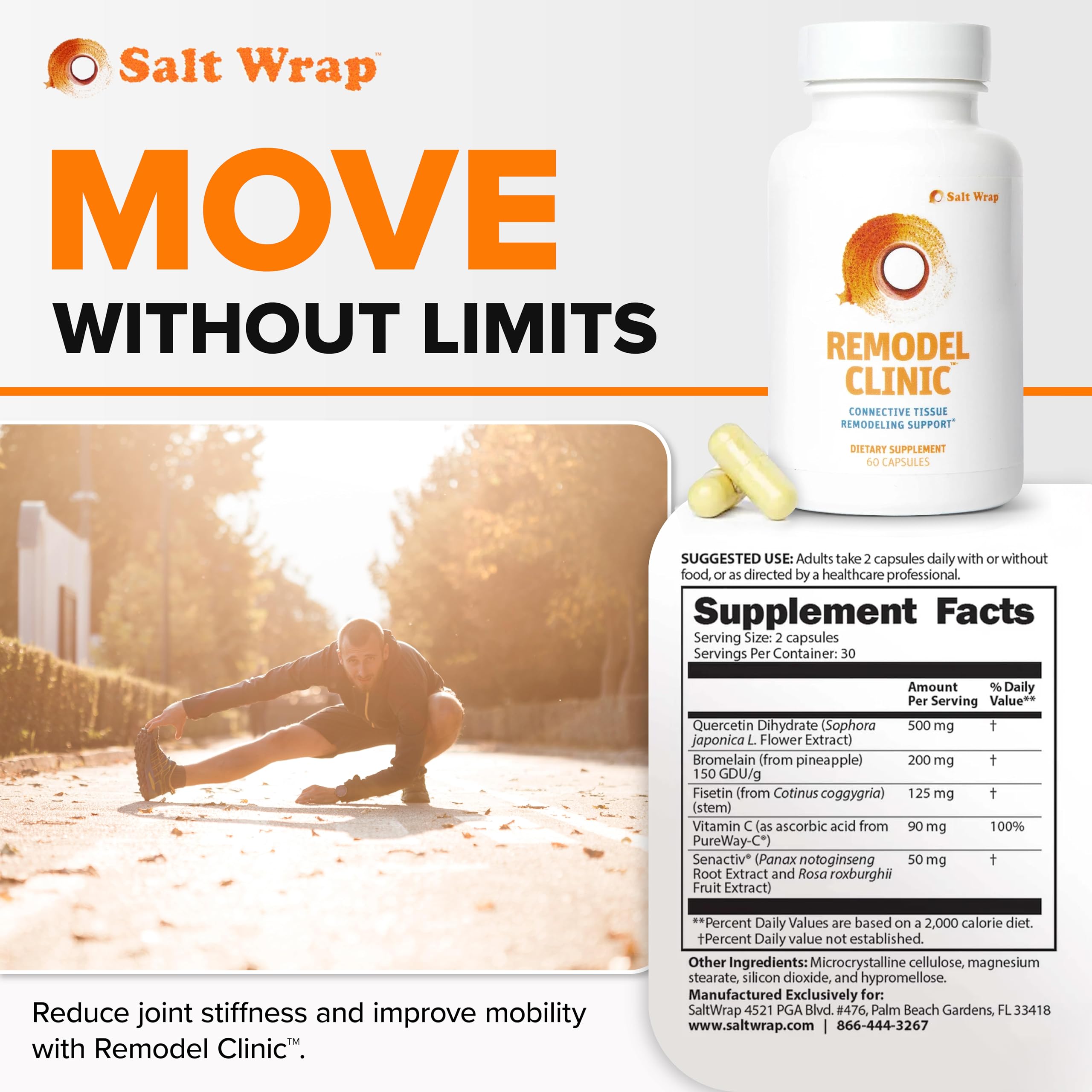 SaltWrap Remodel Clinic capsules closeup featuring Fisetin and Quercetin for potential senolytic action