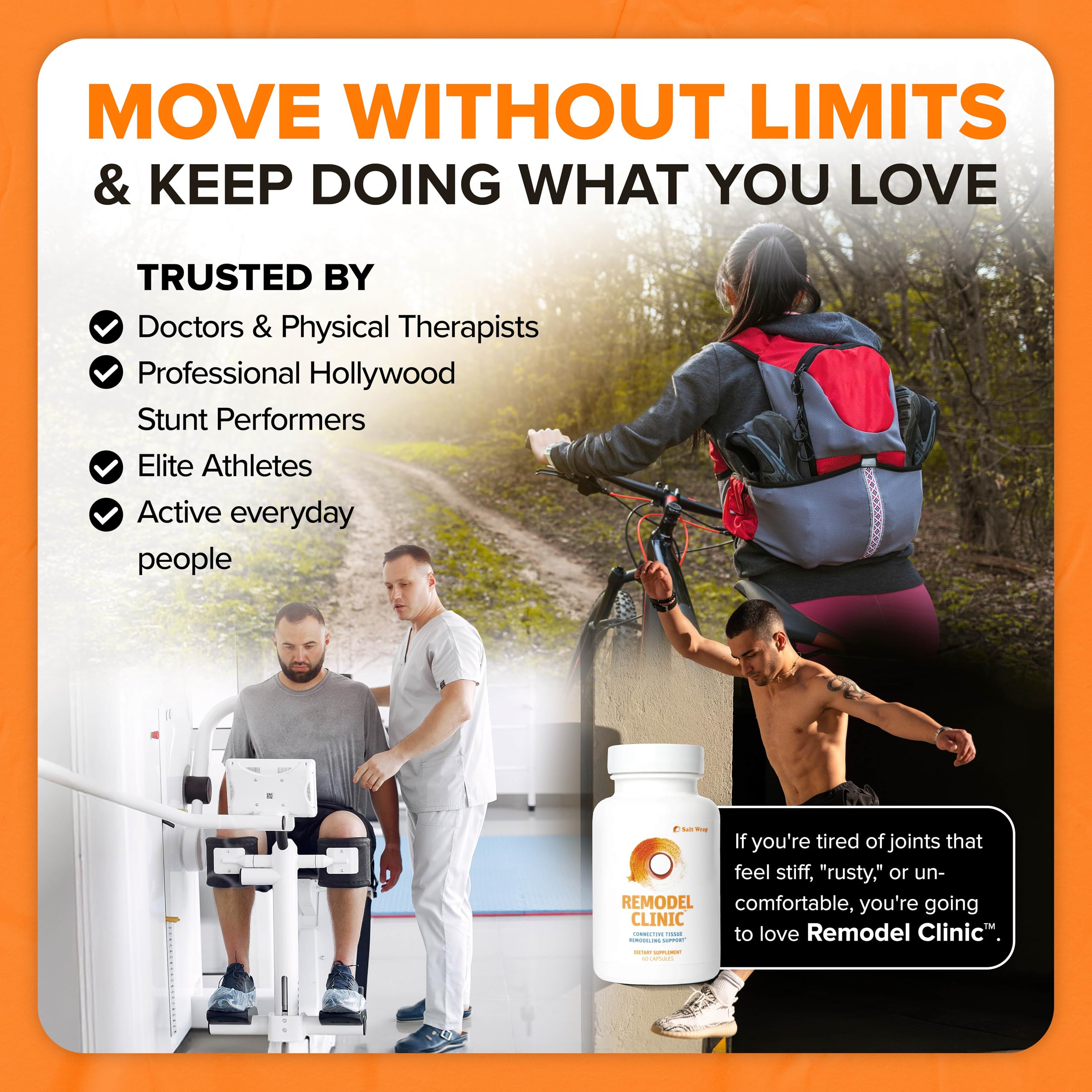 SaltWrap Remodel Clinic lifestyle shot shows movement and flexibility after use