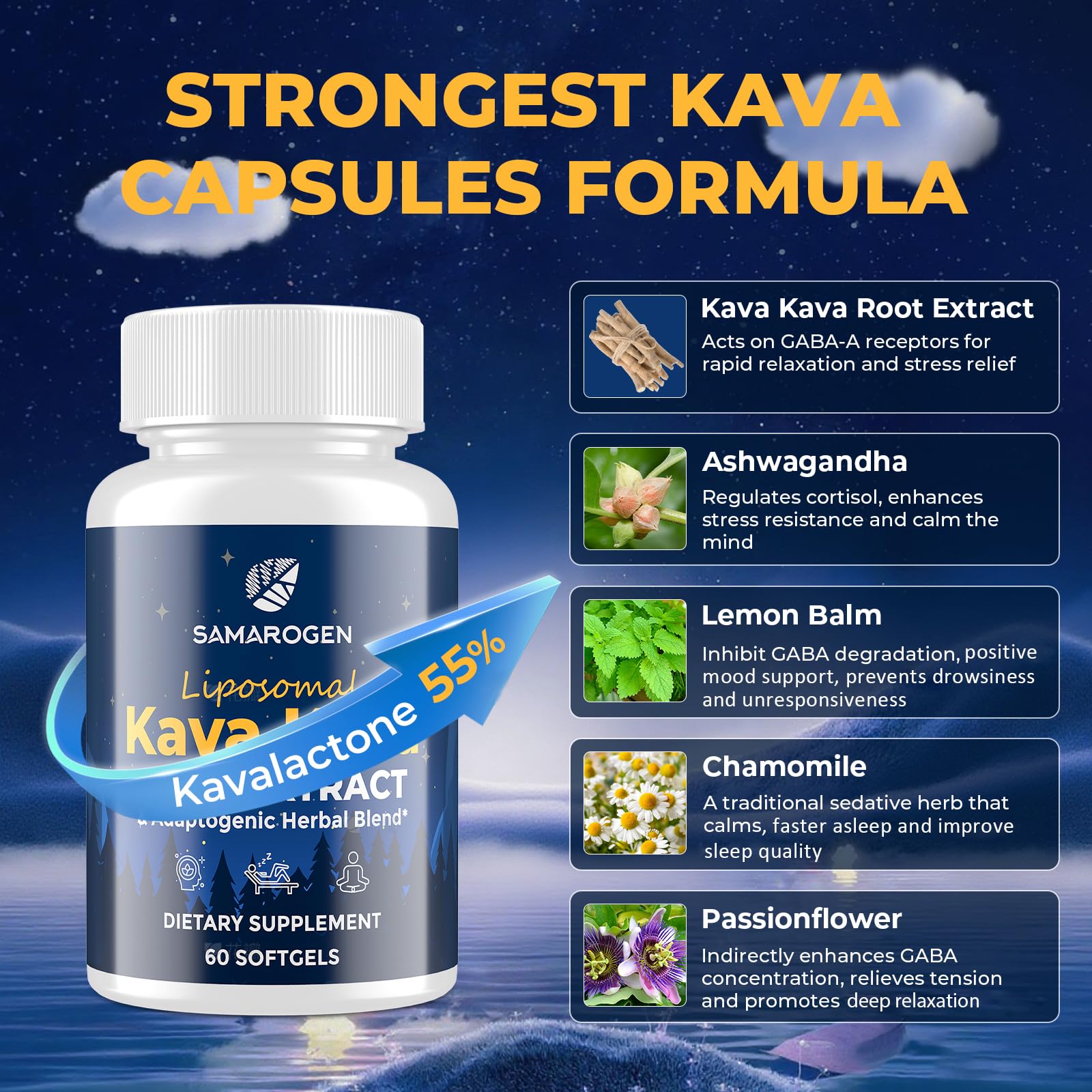 Samarogen Kava Kava with Ashwagandha capsules promoting calmer mood.