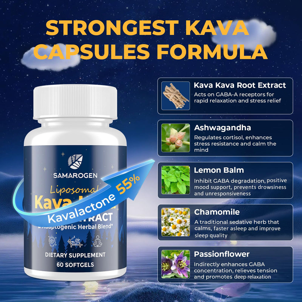 Samarogen Kava Kava with Ashwagandha capsules promoting calmer mood.
