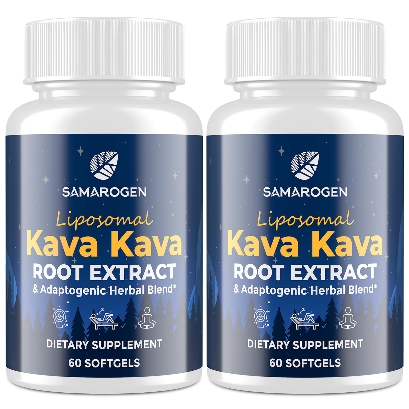 Samarogen Kava Kava softgels bottle for easy evening relaxation.