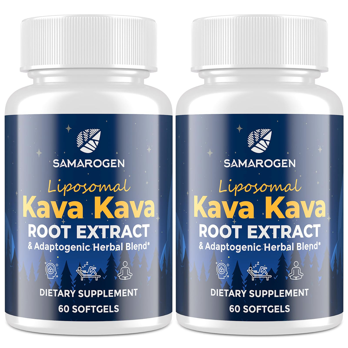 Samarogen Kava Kava softgels bottle for easy evening relaxation.