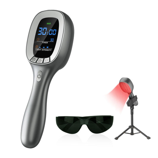 Samatule red light therapy wand in stand for hands-free sessions.