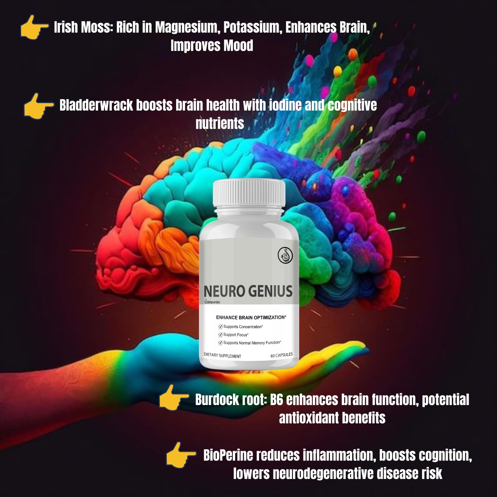 Sampuraka Neuro Genius front label emphasizes natural ingredients and quality