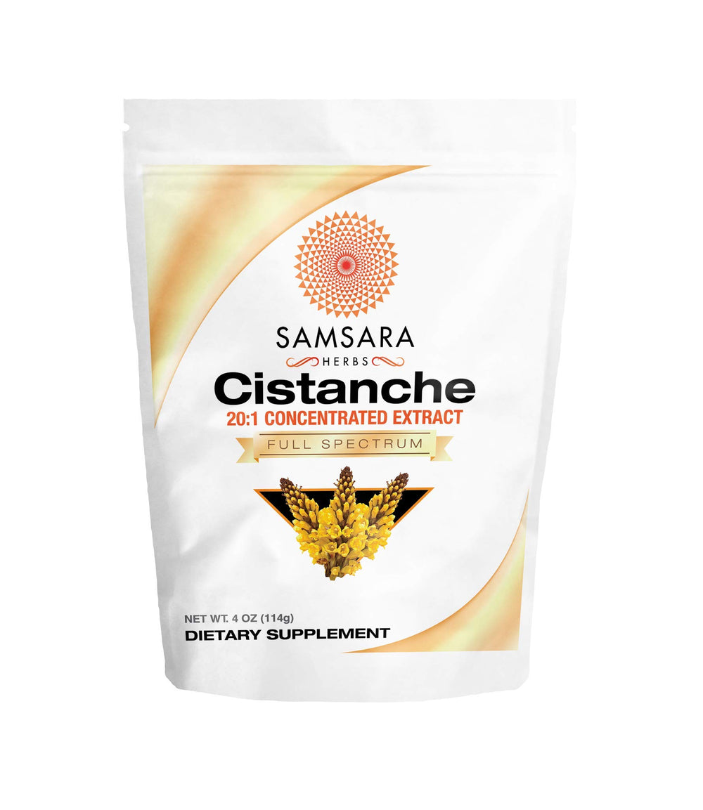 Samsara Herbs Cistanche Extract Powder jar shows premium 20:1 extract for energy support