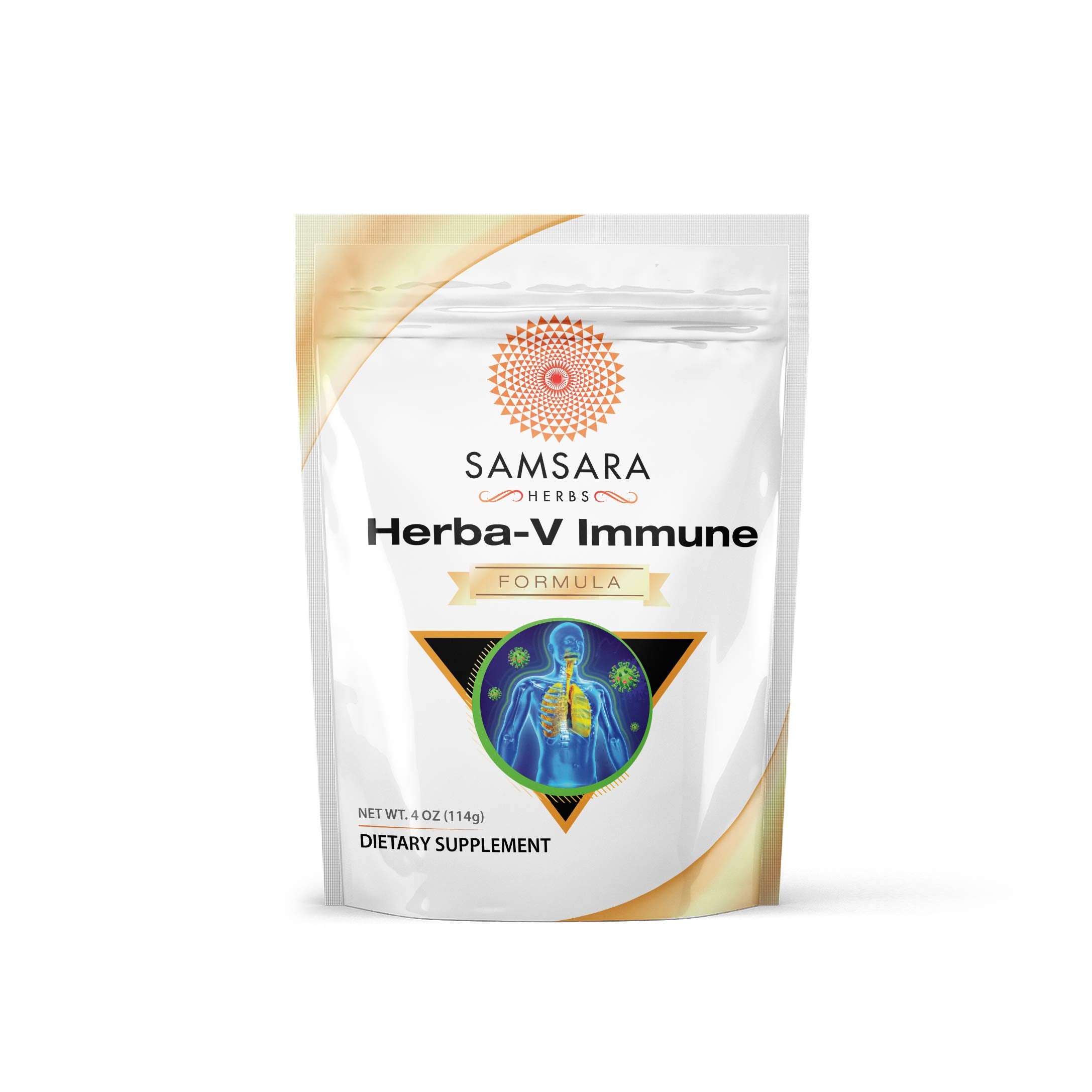 Samsara Herbs Herba-V Immune bottle shows 18-herbal blend for daily use.