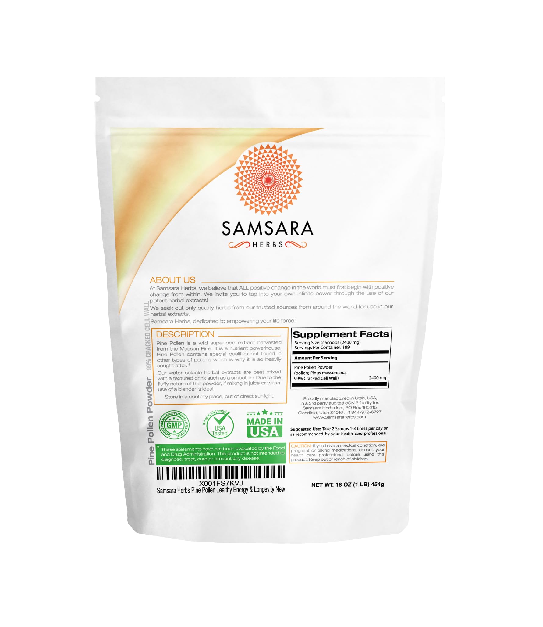 Samsara Herbs Pine Pollen Powder bottle with label shows product details.