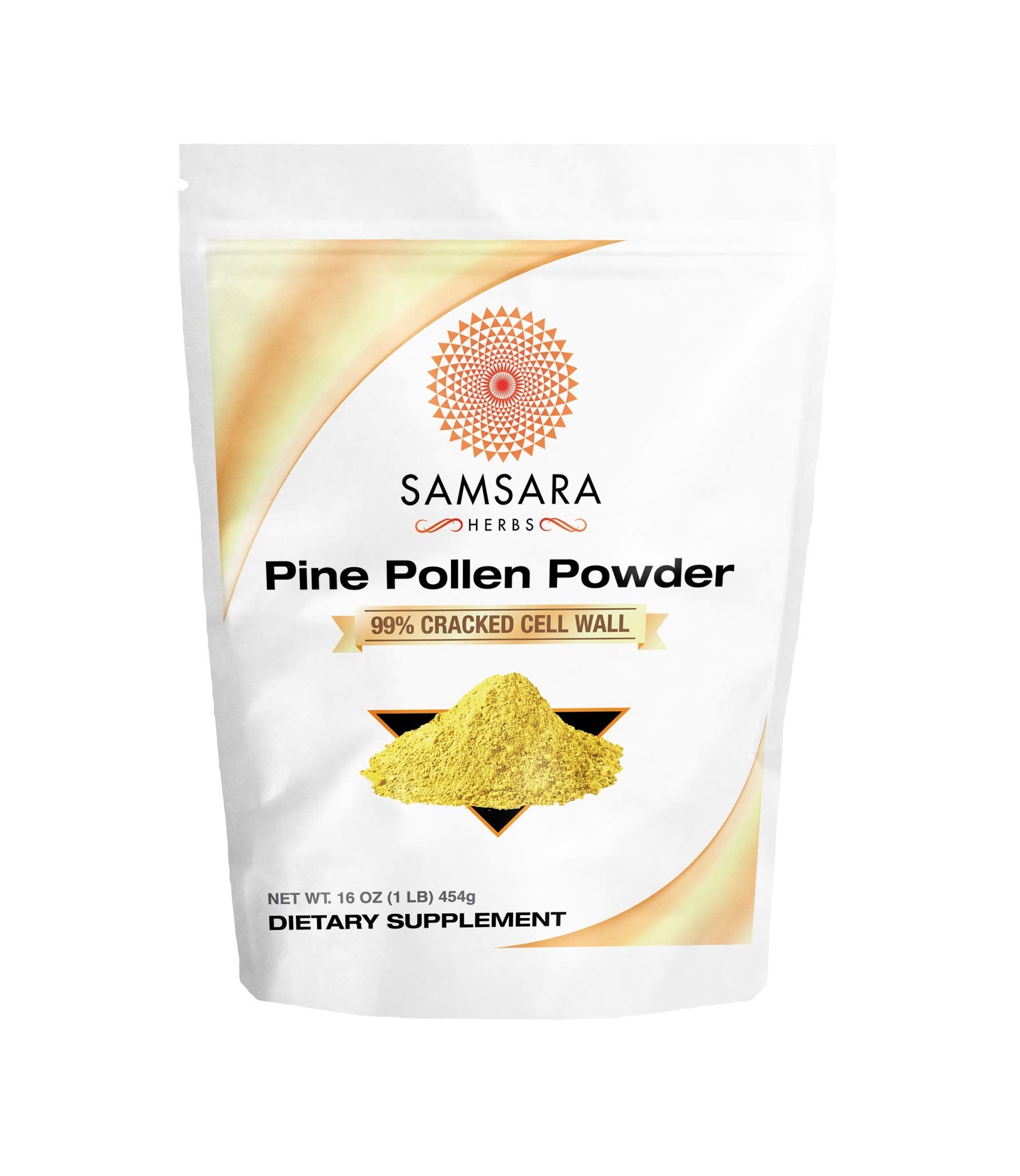 Samsara Herbs Pine Pollen Powder jar closeup shows pure wildcrafted powder for daily wellness.